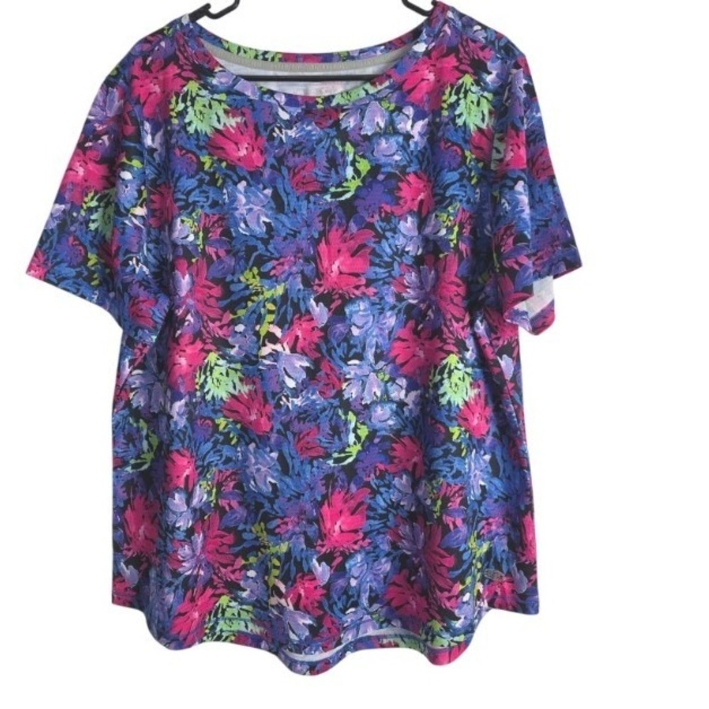 Reel Legends Floral Top 1x Womens‎ Plus Size Multicolor Short Sleeve Pullover